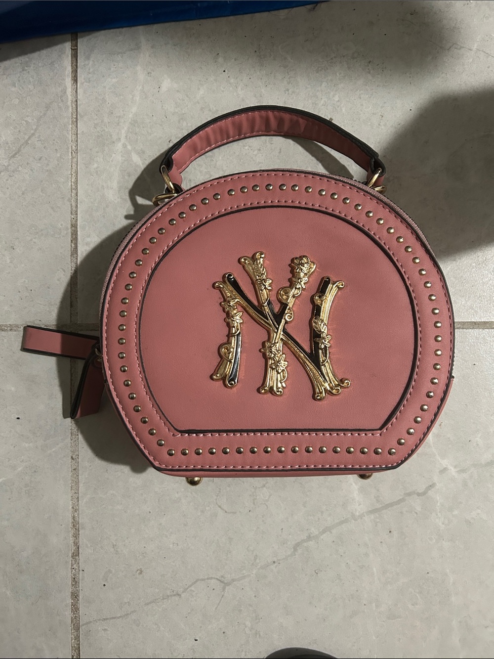 Studded Round Pink Top-Handle Bag with Gold Hardware - Picture 3 of 5